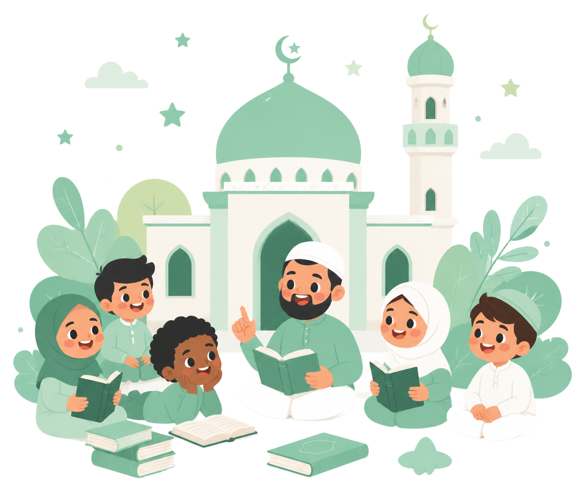 Illustration of a teacher and children learning together outside a mosque